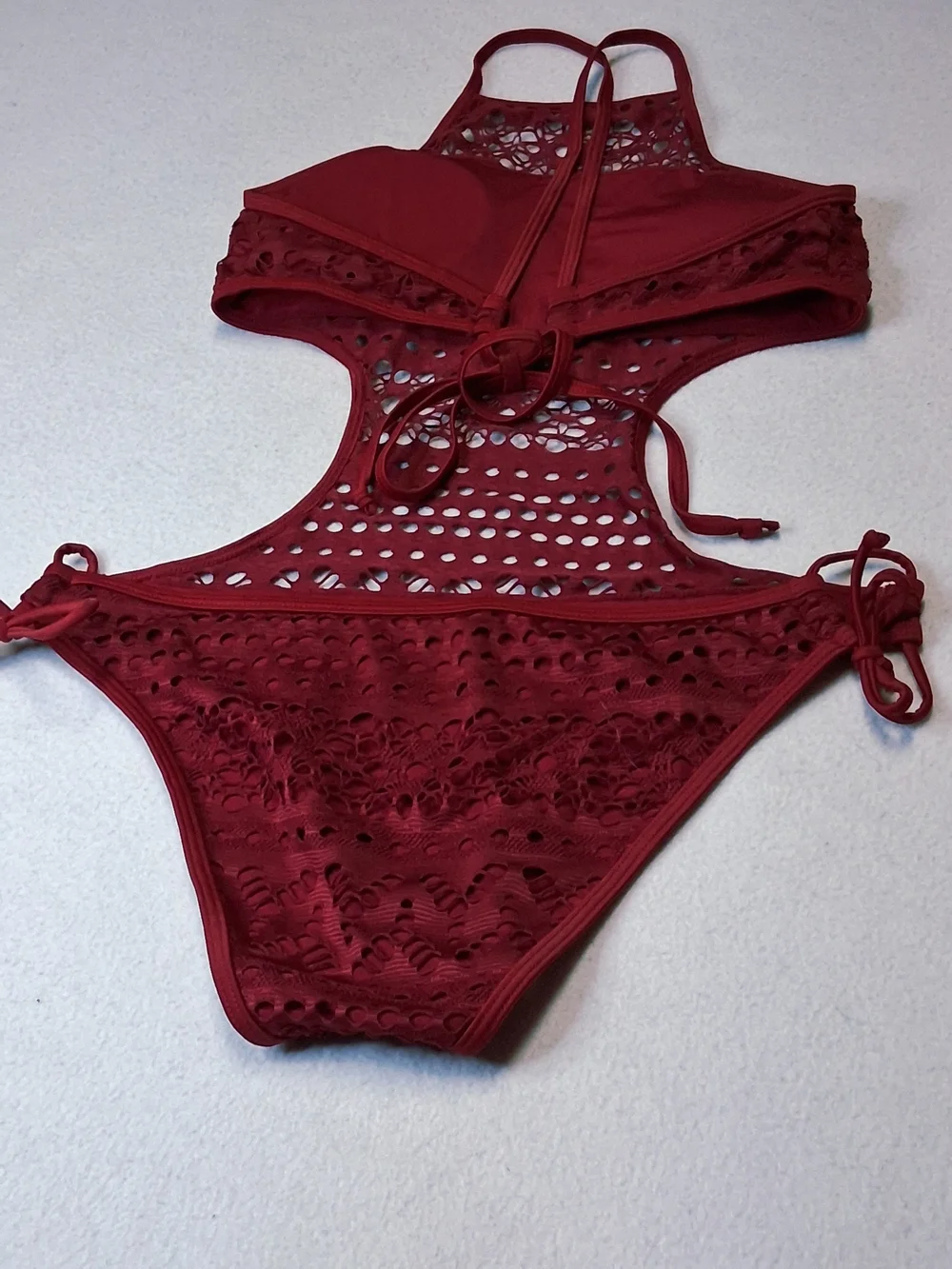 4/20$ ➡️   Crochet Cutout One-Piece Swimsuit - Wine Burgundy Crochet Monokini - Picture 4 of 11